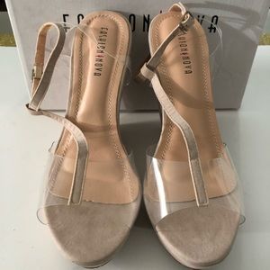 Nude / Tan and Clear Strappy Wedge Sandals Sz 11